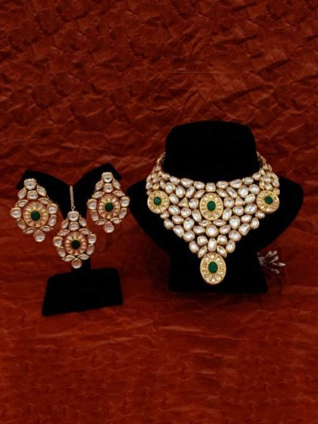 Ishhaara Green Elongated Kundan Bridal Necklace Earring And Teeka Set