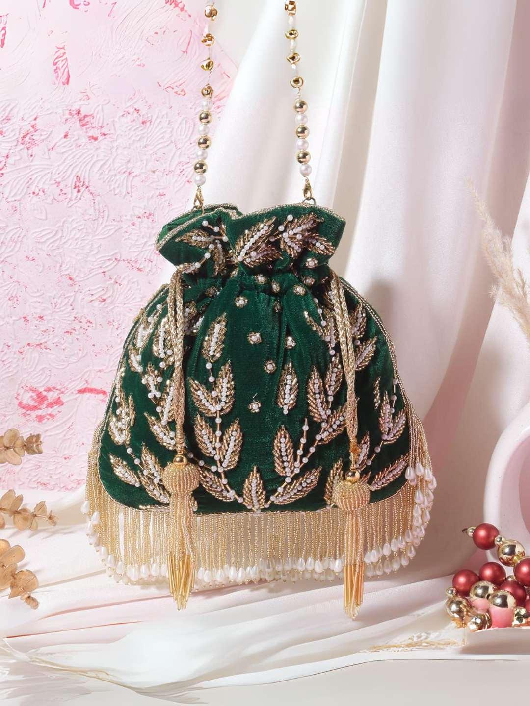 Ishhaara Green Embellished Wristlet With Drawstring Closure