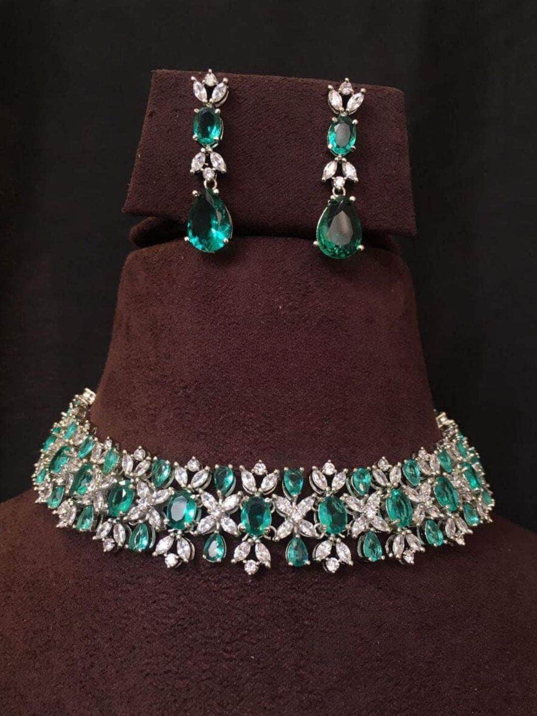 Ishhaara Blue Emerald AD Bridal Necklace Set