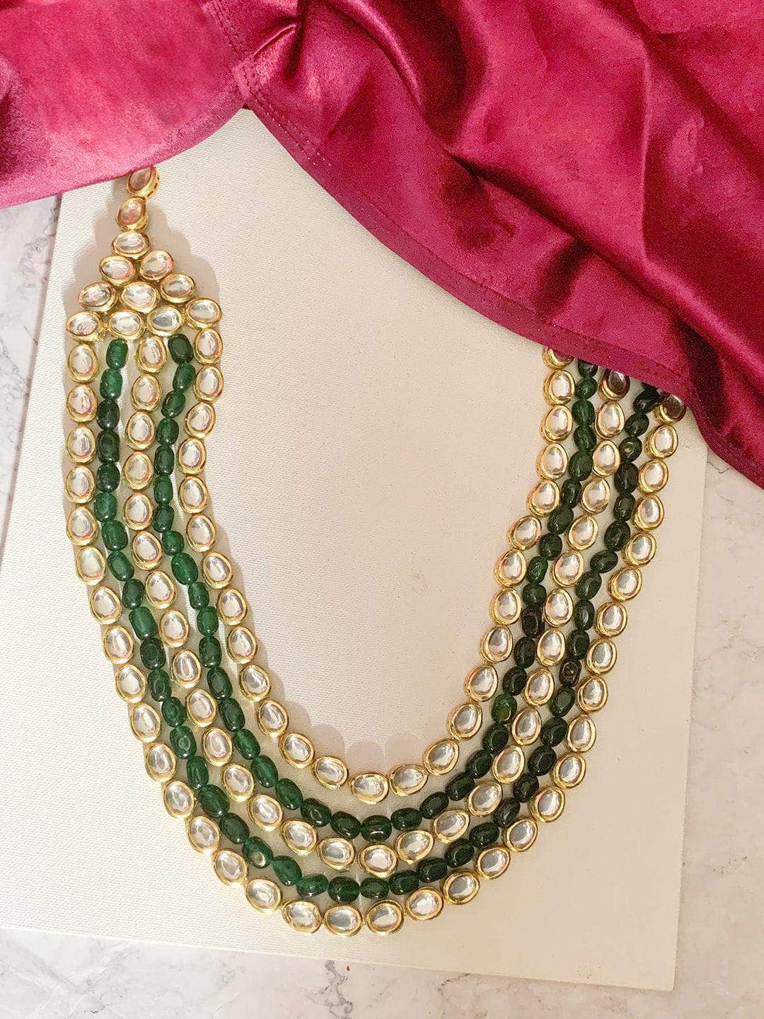 Ishhaara Green Emerald And Kundan Layered Long Necklace