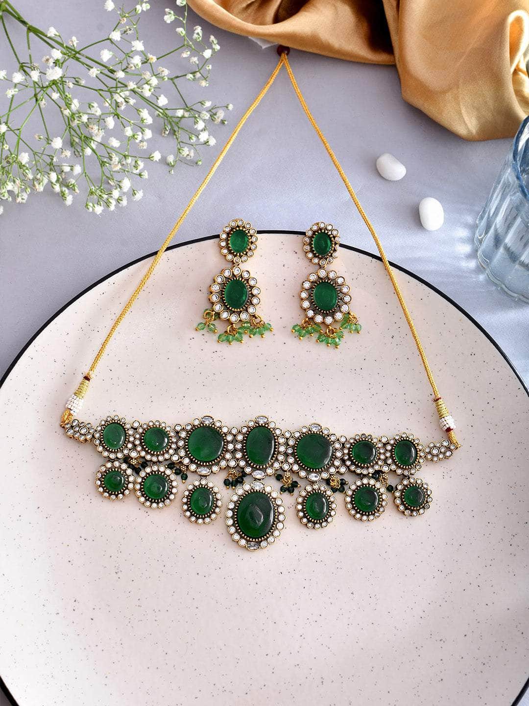 Ishhaara Green Emerald Green Kundan Pearl Necklace Set