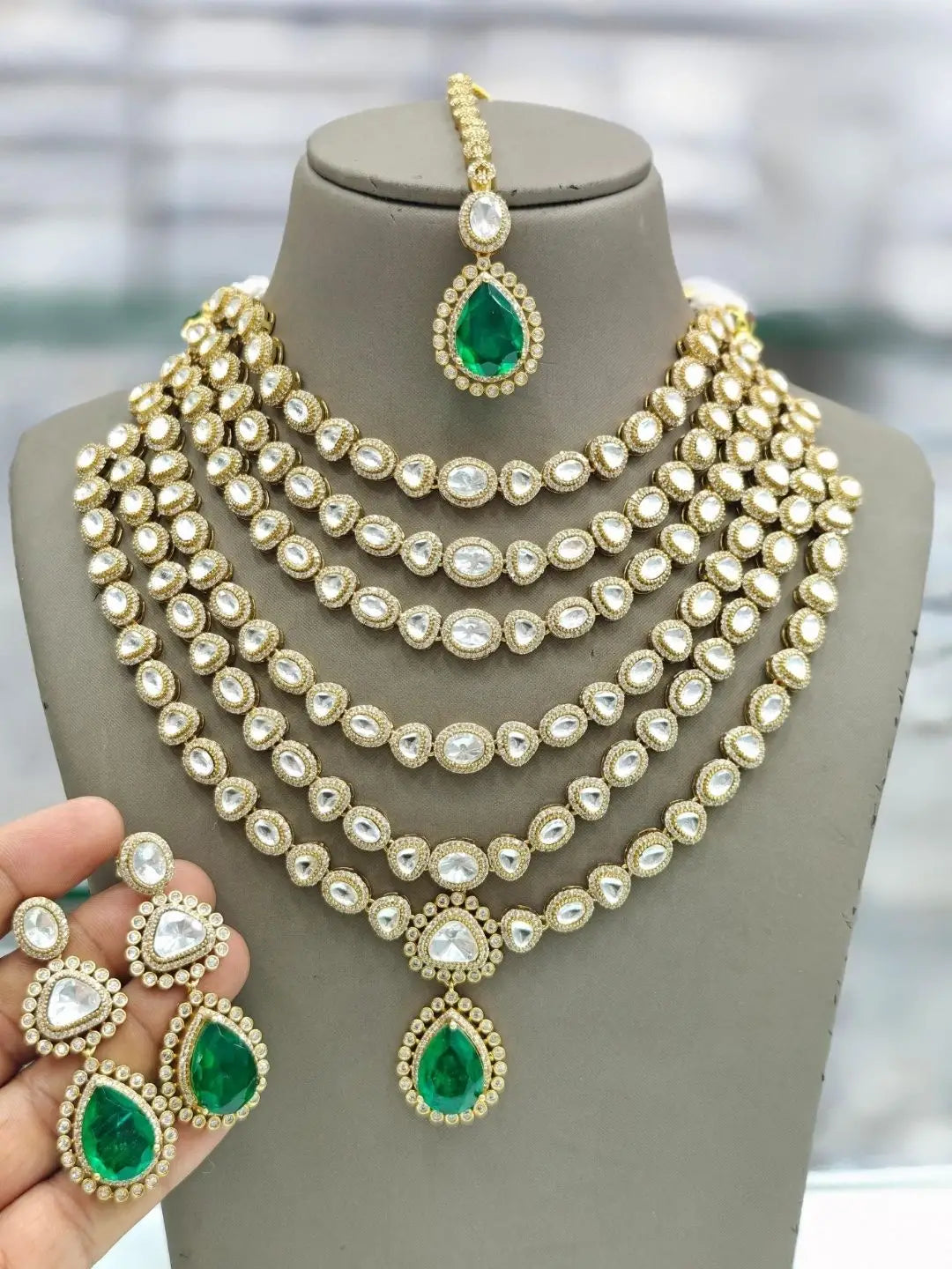 Ishhaara Emerald Multi Layer Moissanite Kundan Necklace