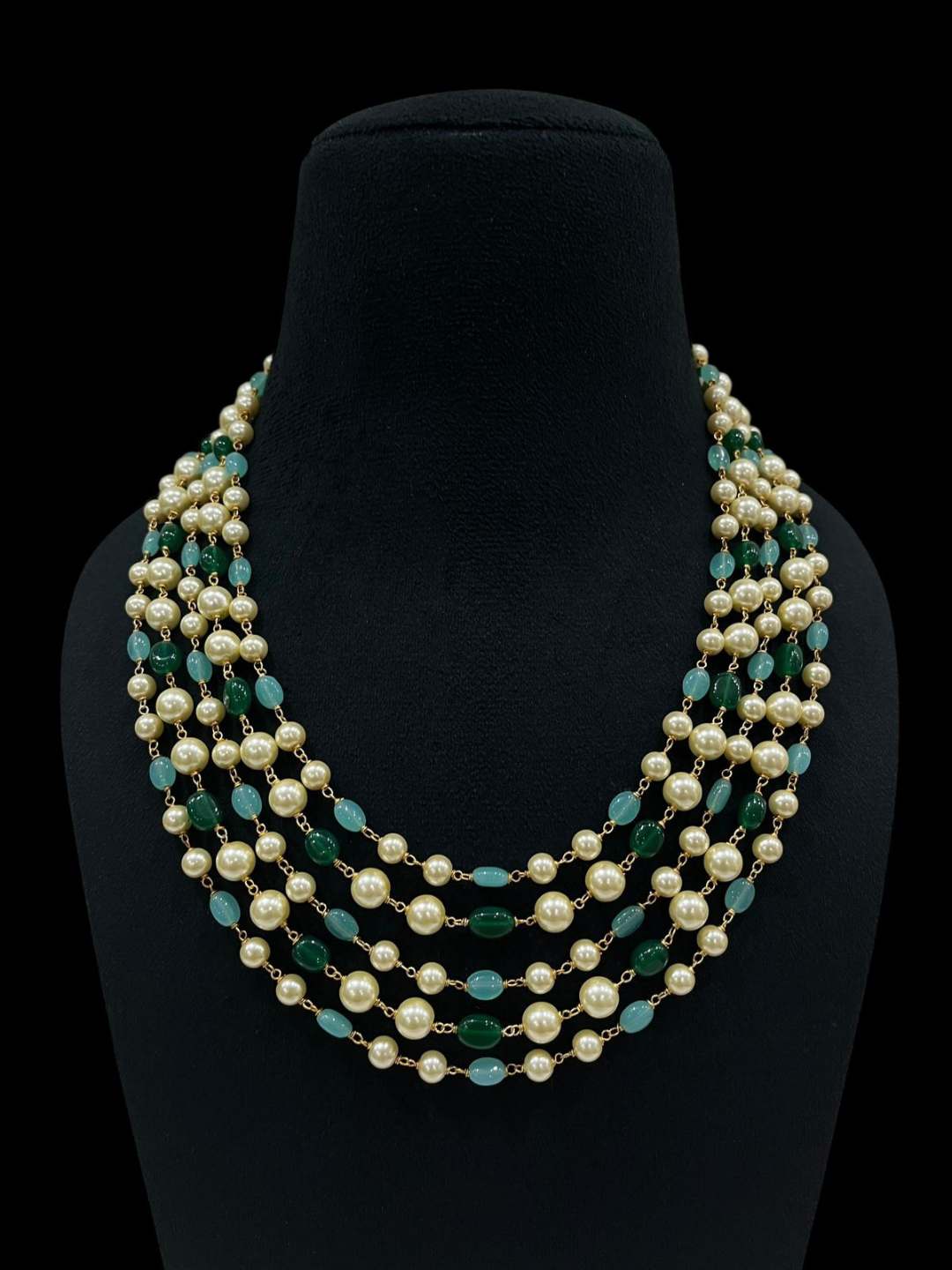 Ishhaara Green Five Layered Pearl And Semiprecious Stone Studded Necklace