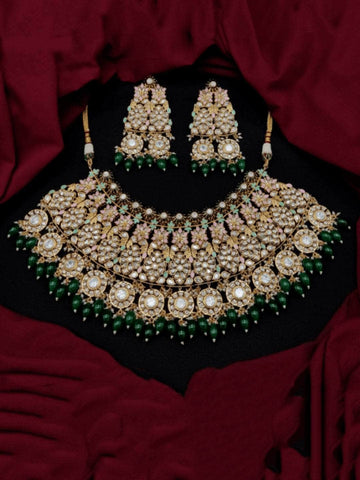 Ishhaara Green Floral Kundan Bridal Choker Necklace Set With Beads Drop