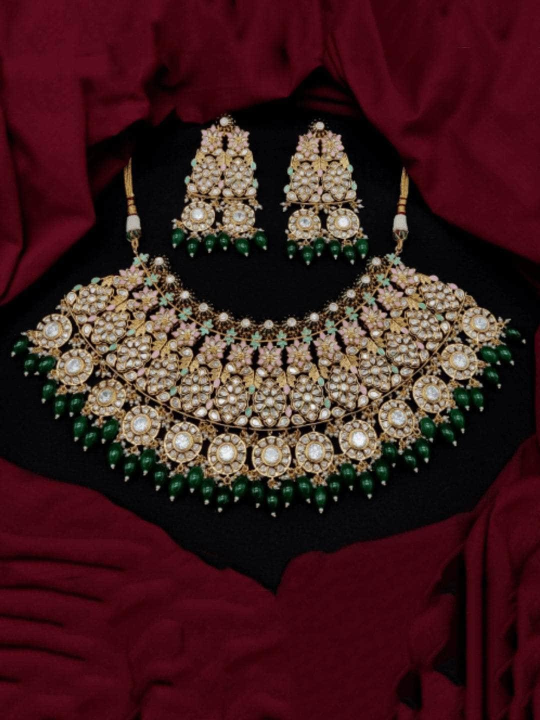 Ishhaara Floral Kundan Bridal Choker Necklace Set With Beads Drop