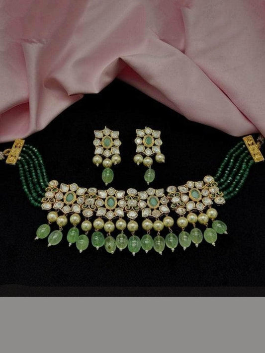 Ishhaara Floral Polki And Pearl Beaded Choker Set
