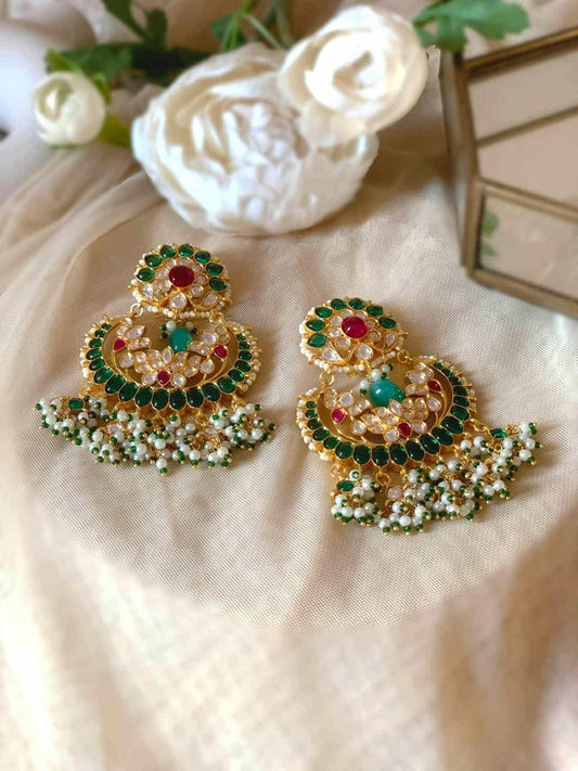 Ishhaara Floral Polki Kundan Chandbali Earring Green