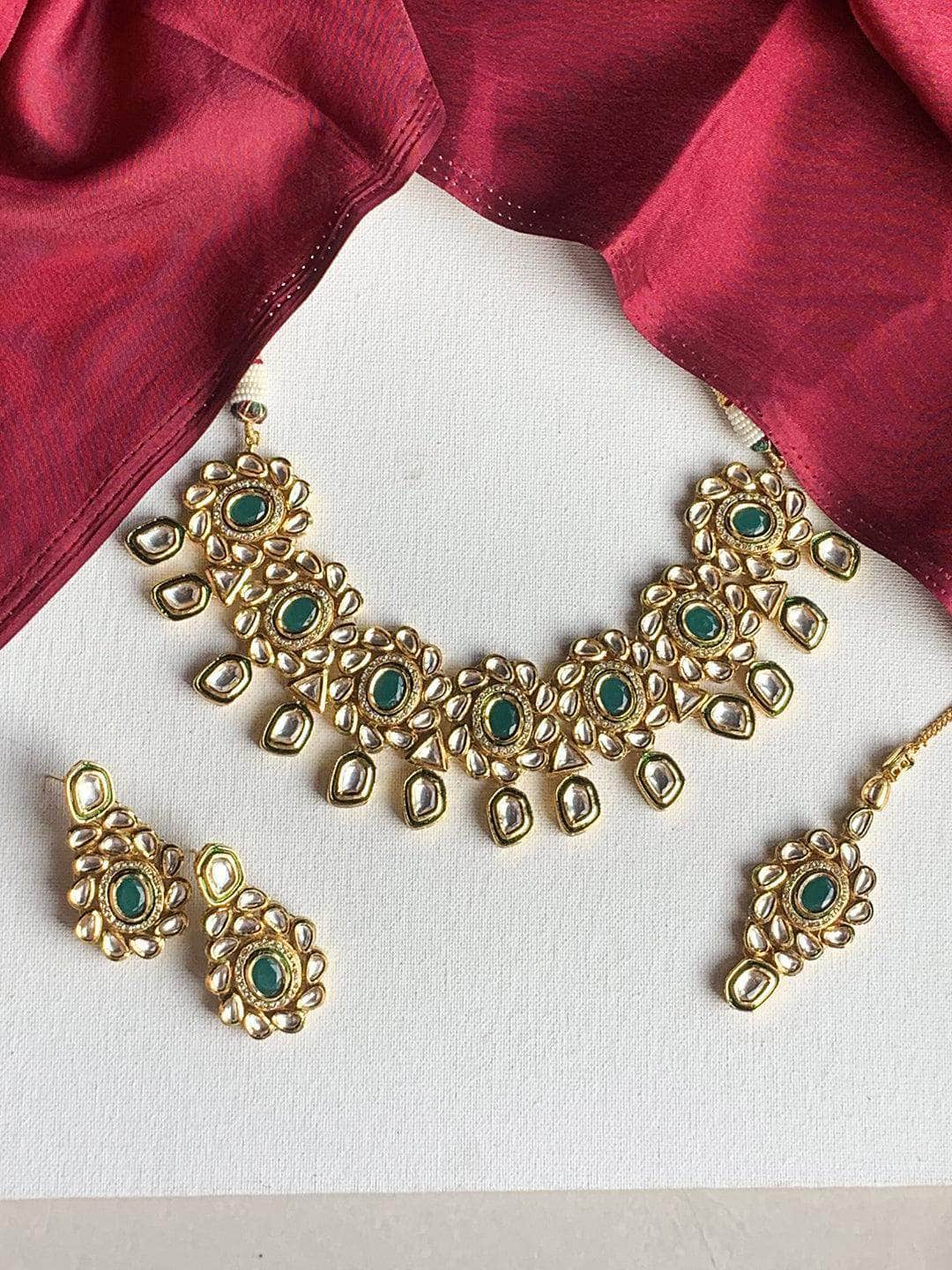 Ishhaara Green Flower AD Kundna Pentagan Hanging Necklace Earring And Teeka Set