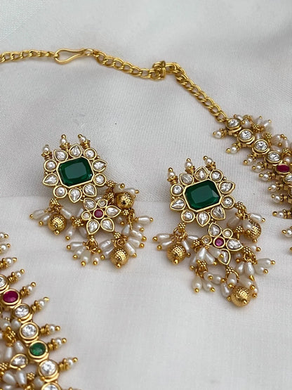 Ishhaara Green Flower Stone Rice Pearl Guttapusalu Choker Necklace