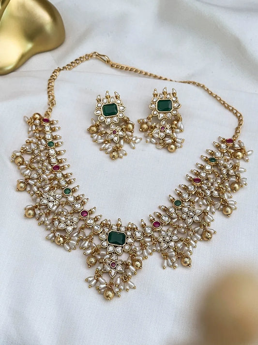 Ishhaara Green Flower Stone Rice Pearl Guttapusalu Choker Necklace
