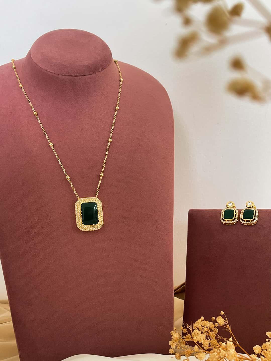 Ishhaara Green Gemstone Rectangle Pendant Necklace