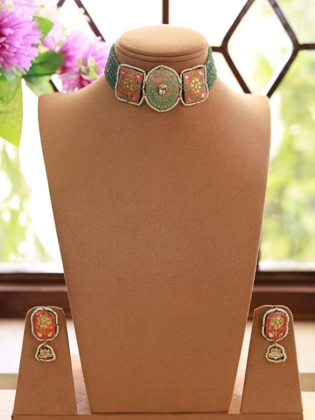 Ishhaara Green Gold Finish Handcrafted Pearl Necklace Set