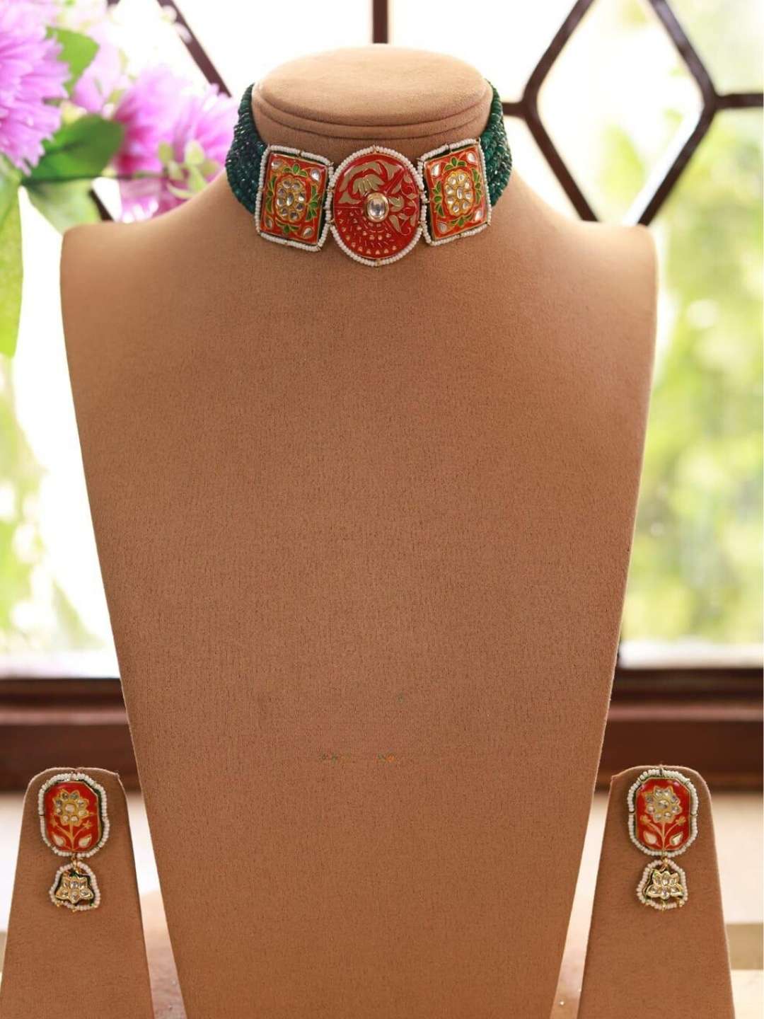 Ishhaara Green Gold Finish Handcrafted Pearl Necklace Set