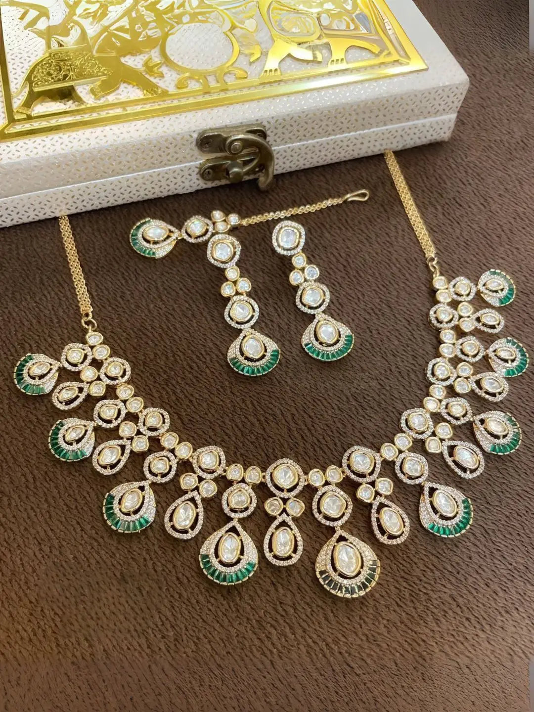 Ishhaara Green Gold Finish Kundan Polki And Bead Choker Necklace Set