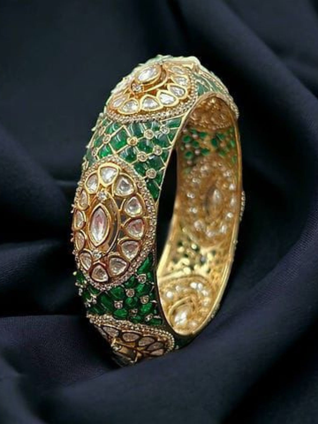 Ishhaara Green Gold Finish Kundan Polki Meenakari Kada