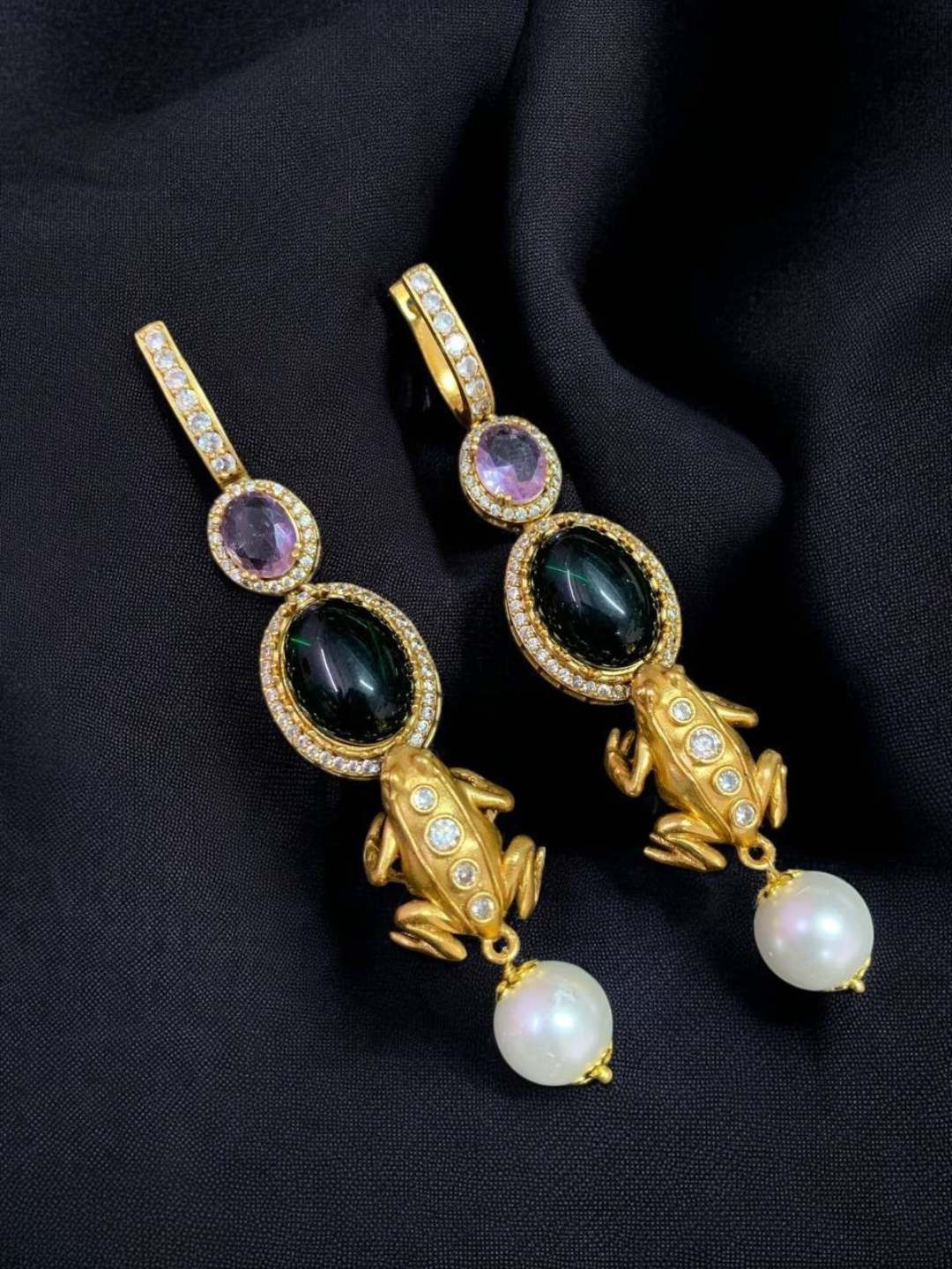Ishhaara Green Gold Finish Moissanite Polki Dangler Earrings