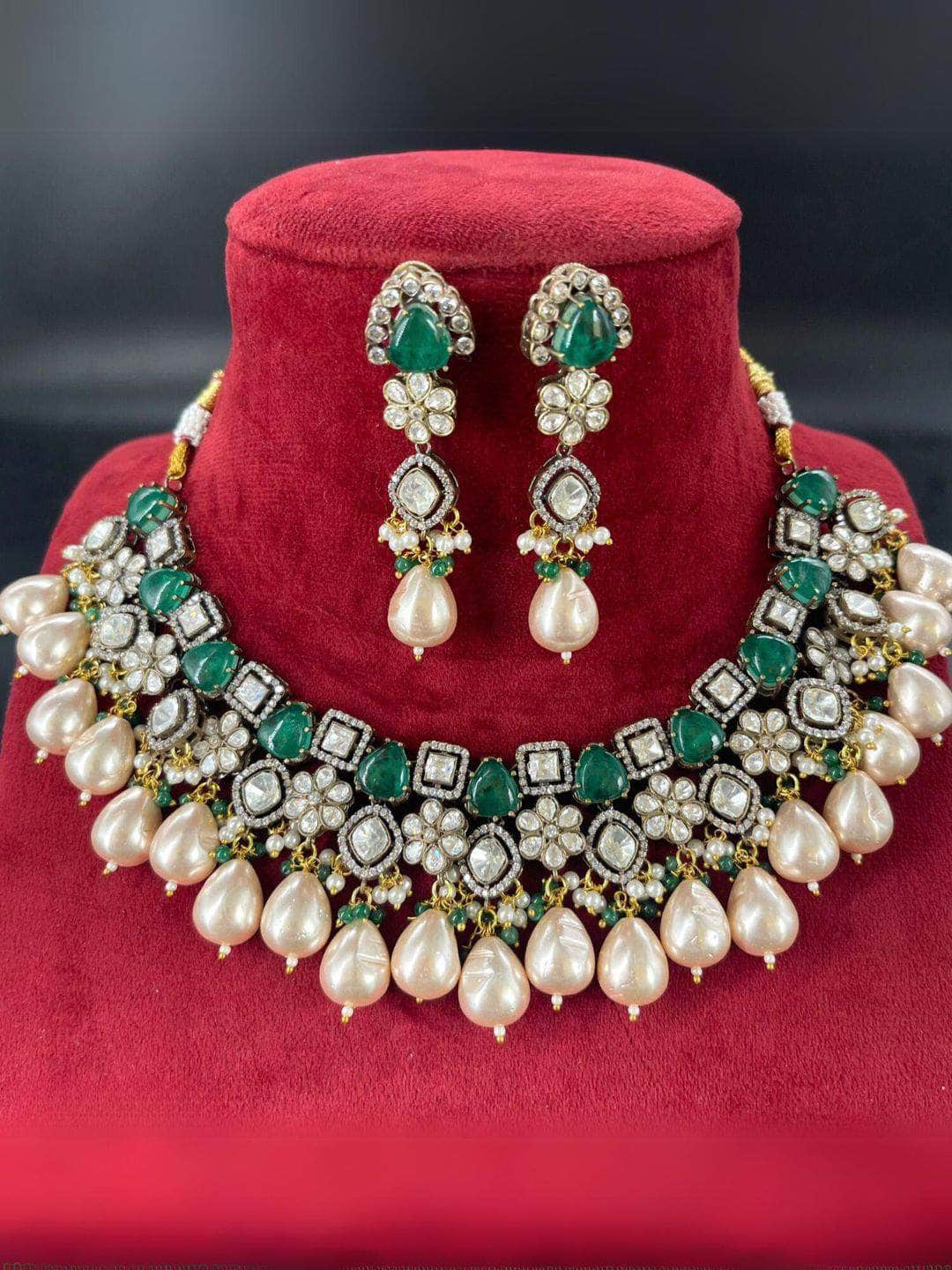 Ishhaara Green Gold Finish Multi-Colored Kundan Necklace Set