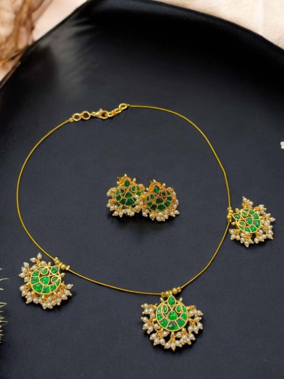 Ishhaara Green Gold Plated Chand Shaped Kundan Studded Invisible Necklace