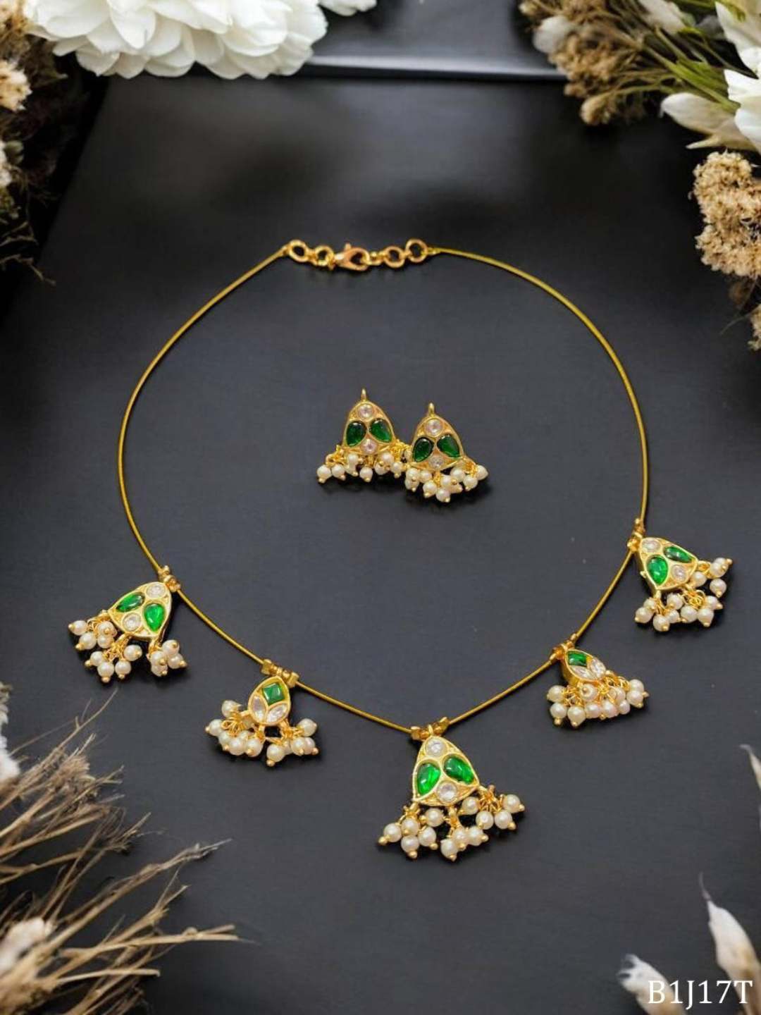 Ishhaara Green Gold Plated Cubic Zirconia Studded And Beaded Necklace