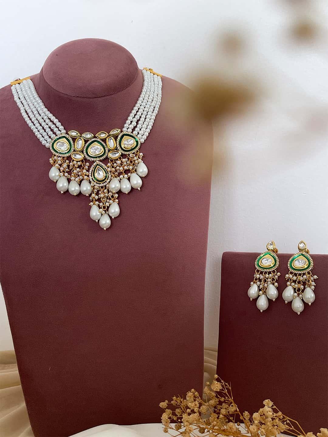 Ishhaara Green Gold Plated Kundan Layered Studded Choker Set