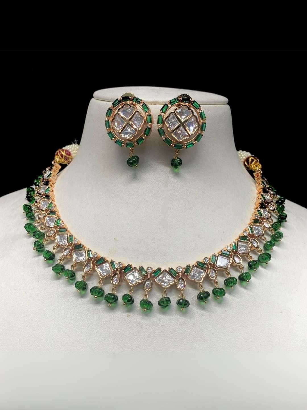 Ishhaara Green Gold Plated Kundan Polki & Beaded Meenakari Choker Necklace Set