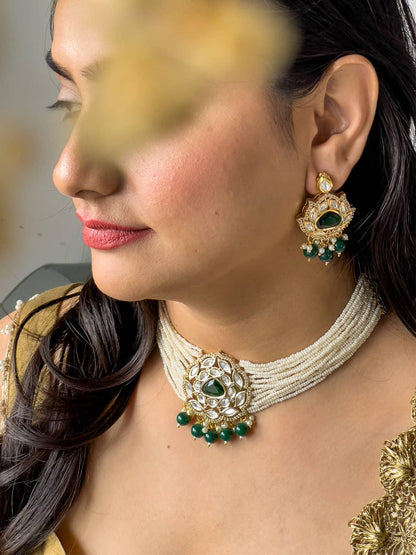 Ishhaara Green Gold Plated Kundan Stone Embellished Necklace Set