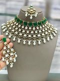 Ishhaara Green Gold Plated Polki Kundan Stone And Pearl Choker Necklace Set