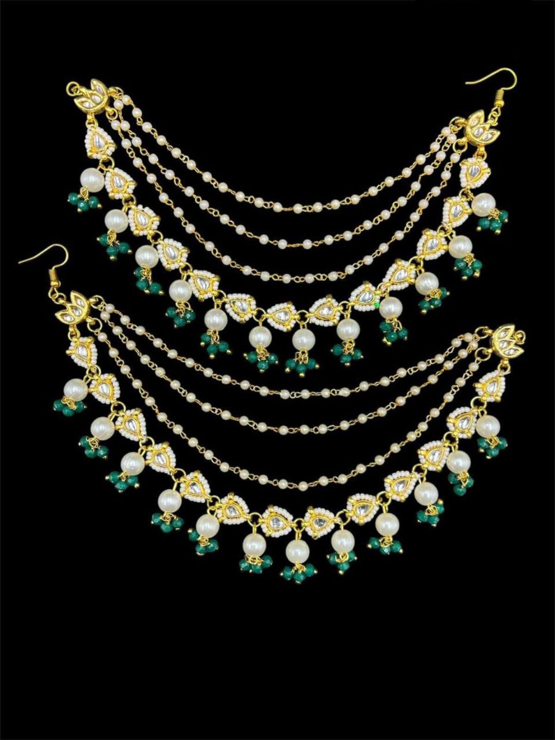 Ishhaara Green Gold Plated White Pearls Studded Layered Ear Chain