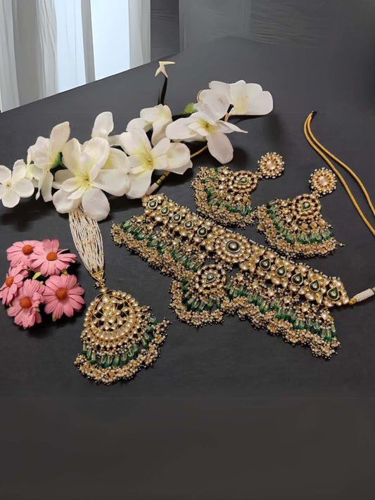 Ishhaara Green Gold Tone Moissanite Polki Choker Set With Maang Tikka