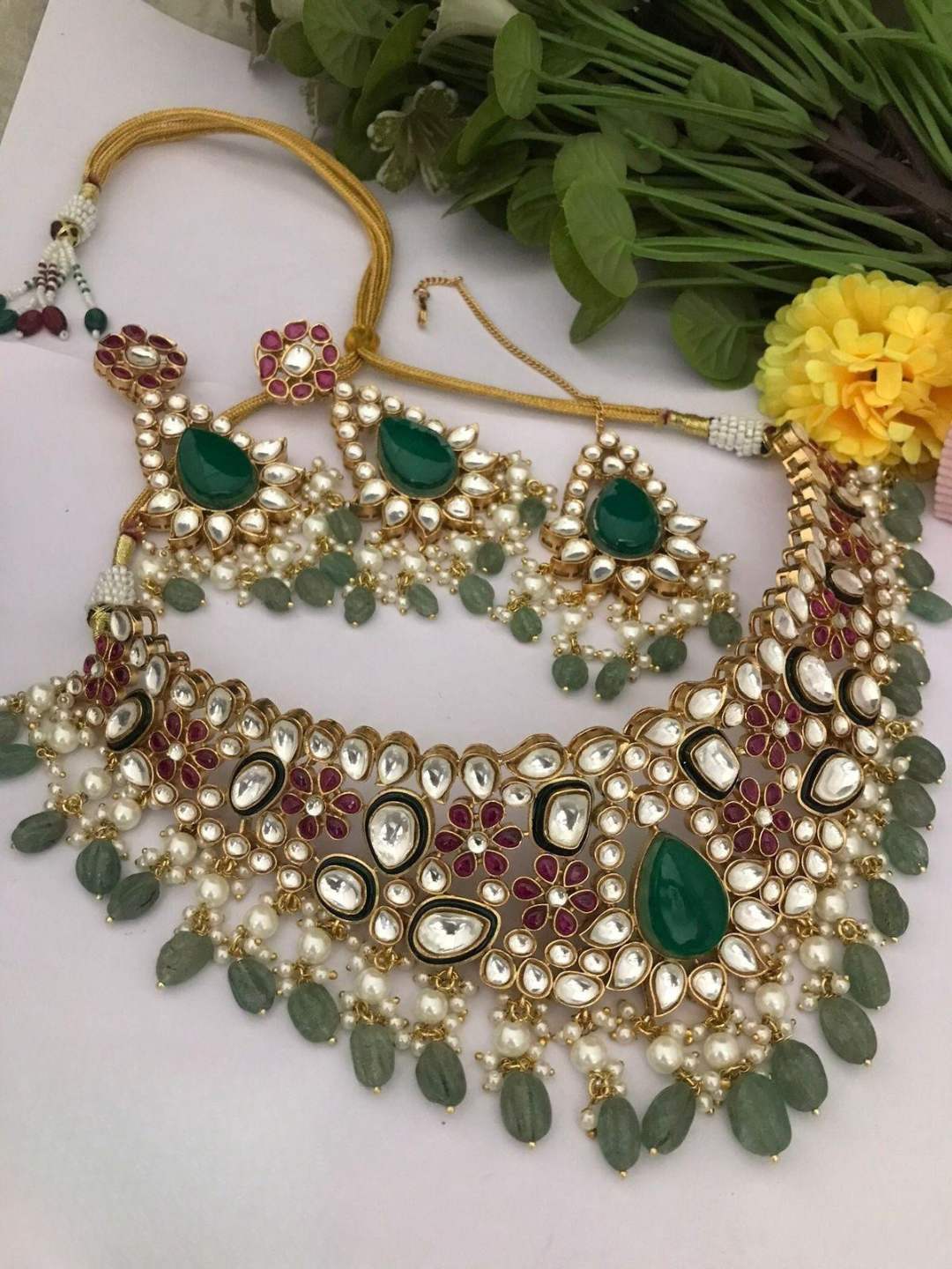 Ishhaara Green Gold Tone Moissanite Polki Necklace Set