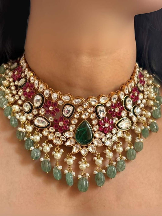 Ishhaara Green Gold Tone Moissanite Polki Necklace Set