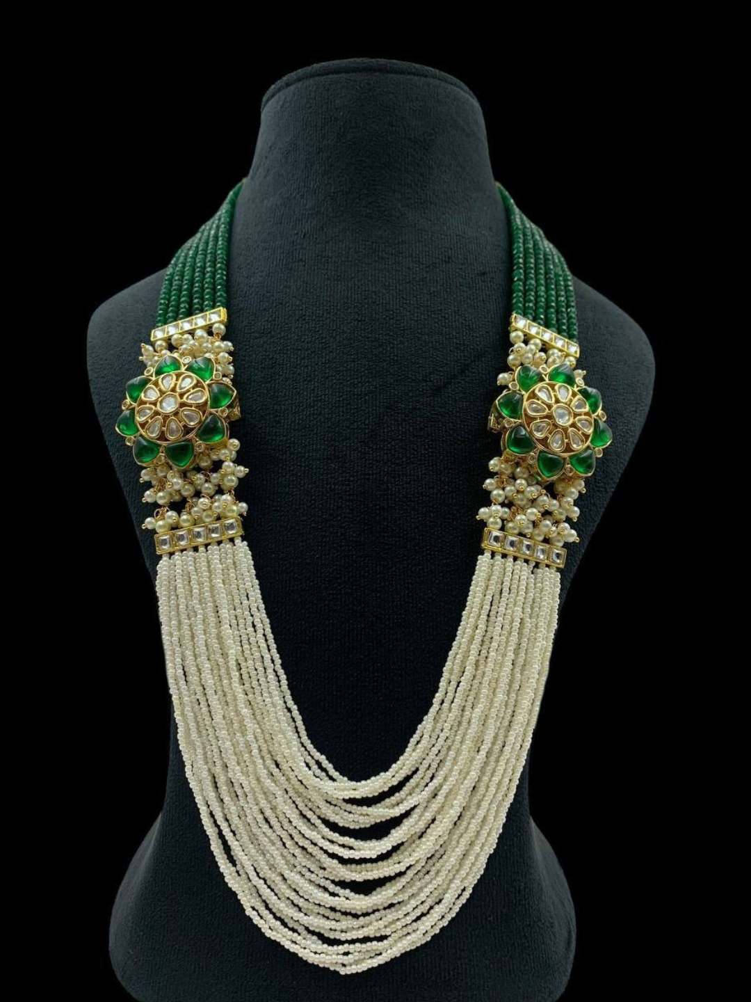 Ishhaara Blue Green Pearls Stones Kundan Embellished Layered Necklace Set