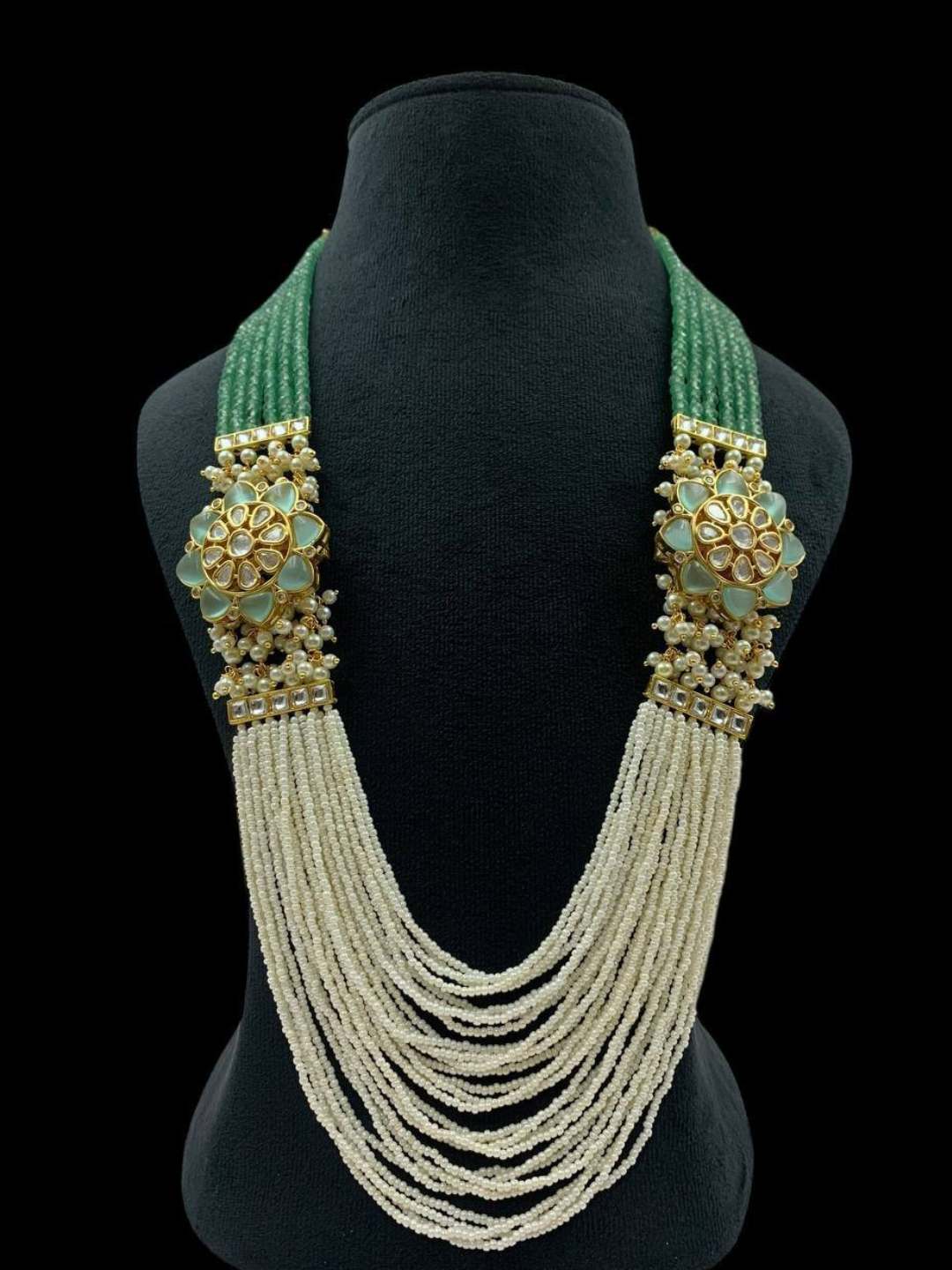 Ishhaara Green Green Pearls Stones Kundan Embellished Layered Necklace Set