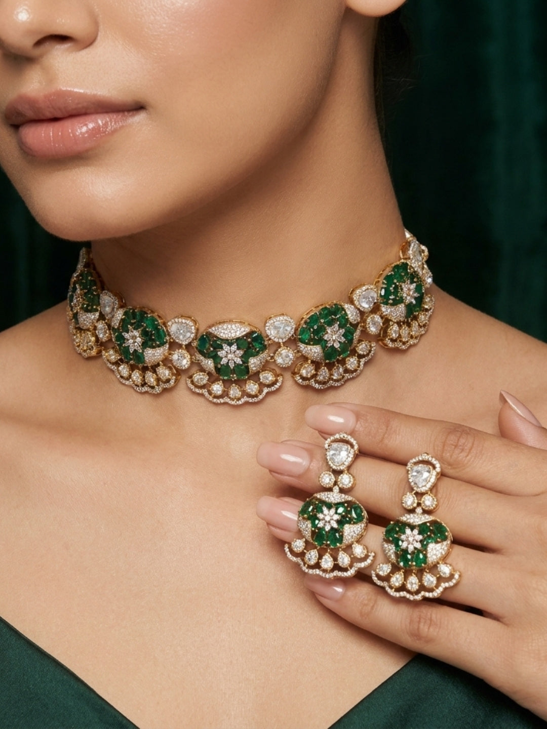 Ishhaara Green Half Crescent Carved Choker