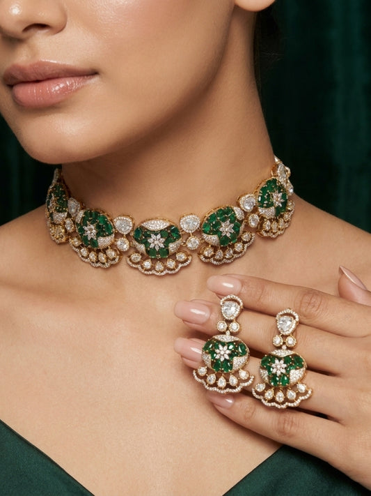 Ishhaara Green Half Crescent Carved Choker