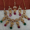 Ishhaara Green Half Flower Antique Drop Necklace Earring And Teeka Set