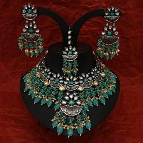 Ishhaara Green Half Moon Coral Tassel Necklace Earring And Teeka Set