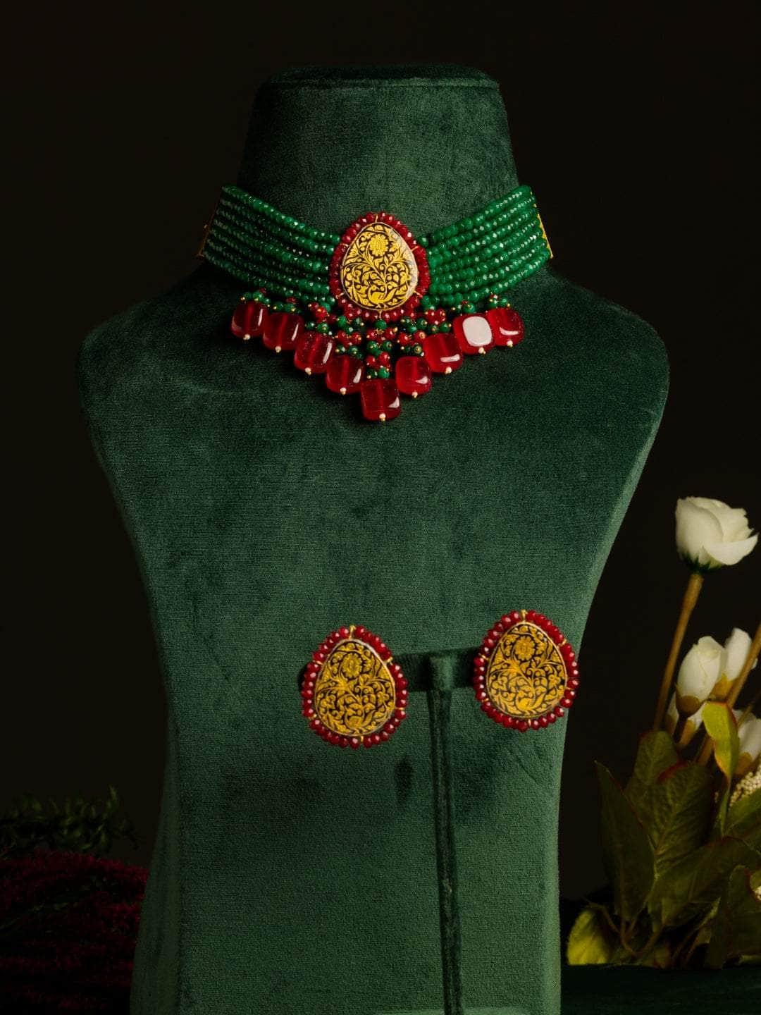 Ishhaara Hand Painted Meenakari Tear Drop Pendant Choker Necklace