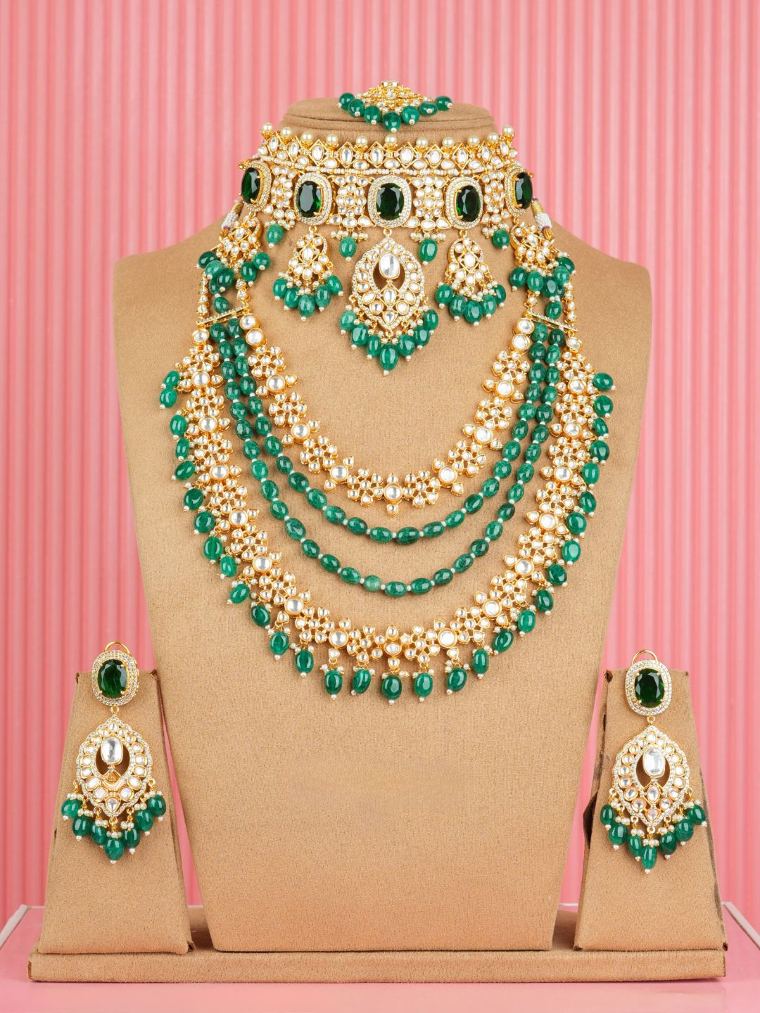 Ishhaara Green Handcrafted Statement Full Bridal Necklace Set