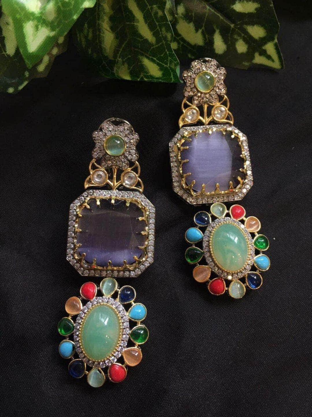 Ishhaara Green Hanging Sabyasachi inspired Doublette Stone Earings