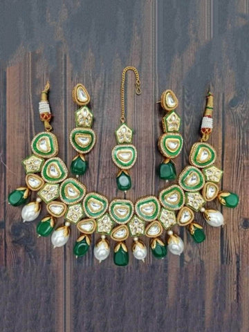Ishhaara Green Heart Shape Kundan AD Necklace And Earring Set