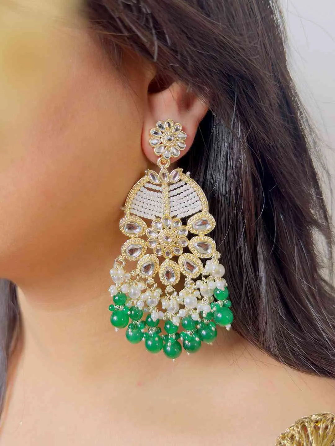 Ishhaara Green Ivory White Statement Kundan Earrings