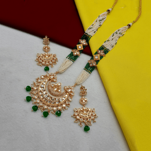Ishhaara Green Jadau Chand Motif Pendant Beaded Long Necklace Set
