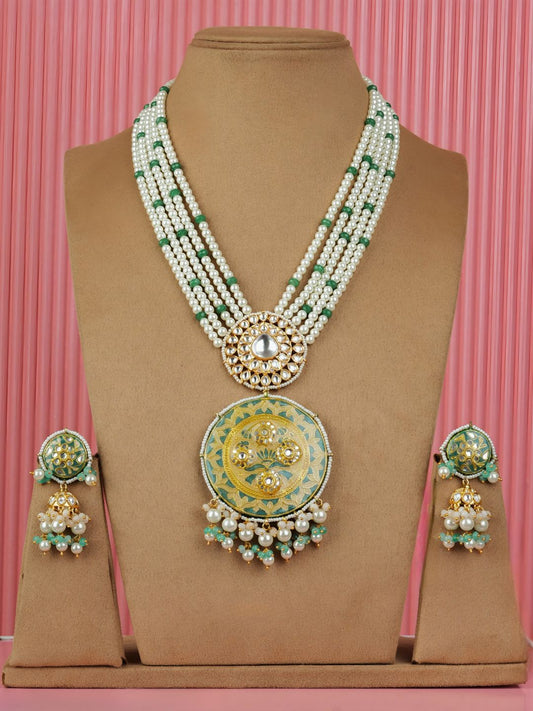 Ishhaara Green Jadau Kundan Meenakari Long Necklace Earrings Set