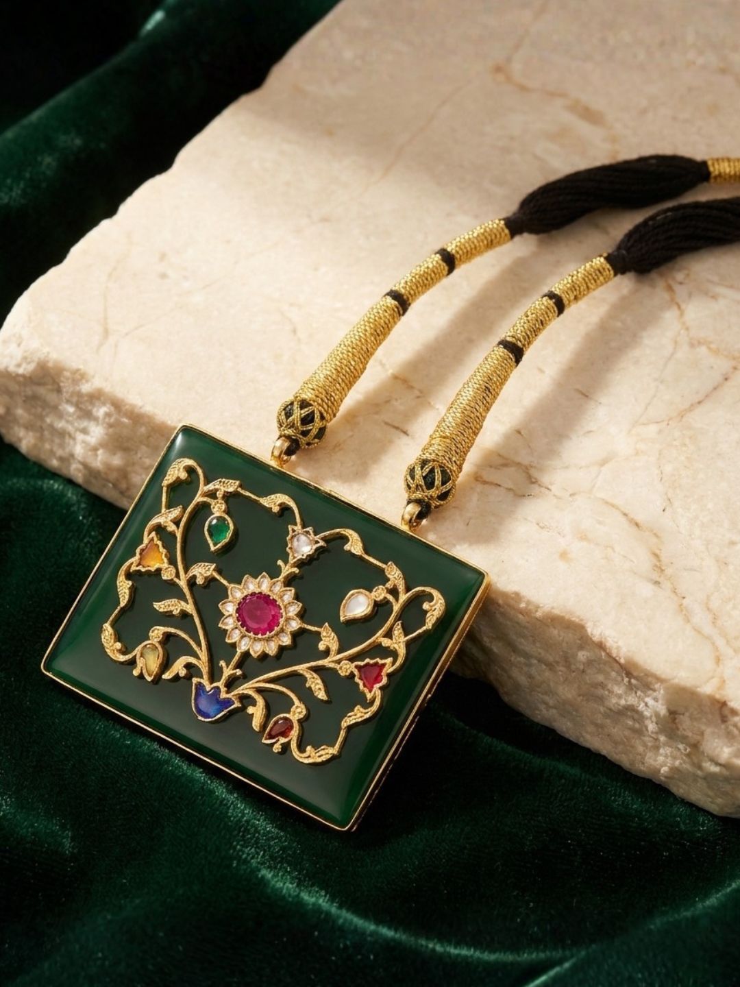 Ishhaara Green Jade Carving Pendant Necklace