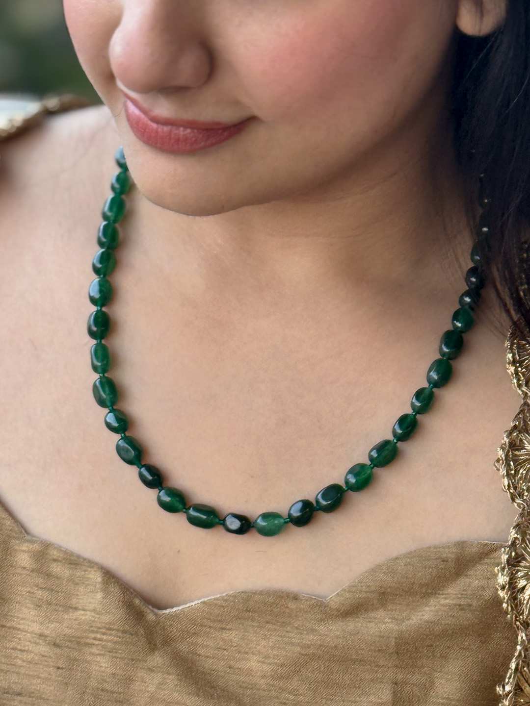 Ishhaara Green Jade Oval Shape Diamond Cut Mala