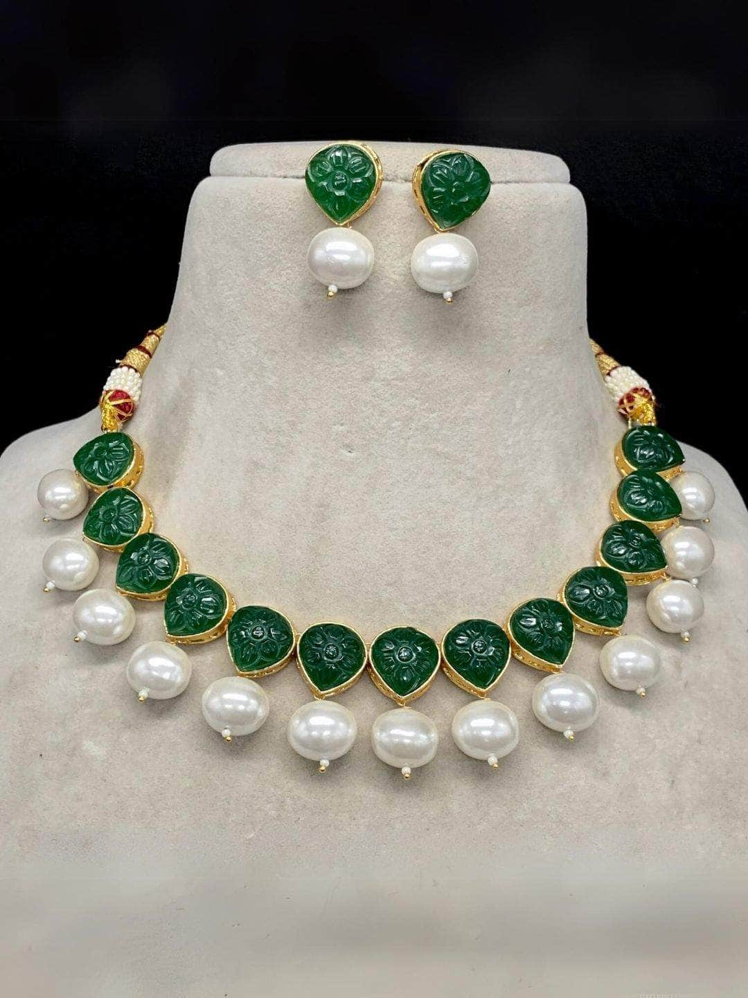 Ishhaara Green Kundan and Glass Beads Necklace set with Earring