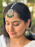 Ishhaara Green Kundan And Pearl Embellished Jhumkas With Earchain And Teeka