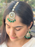 Ishhaara Green Kundan And Pearl Embellished Jhumkas With Earchain And Teeka