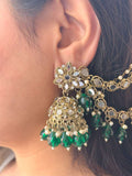 Ishhaara Green Kundan And Pearl Embellished Jhumkas With Earchain And Teeka